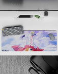 Anime mouse pad 32x12 inches with soft blue sky, puffy clouds, crisp white coat, and bold red accents.