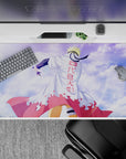 40x20 inches anime desk pad in soft blue sky tones, crisp white coat and red flame trim, heroic vibe.