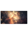 Glowing nebula space design desk mouse pad, extended 32x16 inches with scattered starbursts.