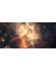 Nebula galaxy desk pad 36x16 inches with swirling clouds, starbursts, and a dreamy space pattern.