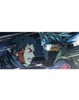 36x16 inches anime desk pad with gritty linework, scratched textures, and fast white streaks.