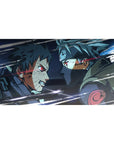 40x20 inches anime desk pad with gritty linework, scratched textures, and fast action streaks.
