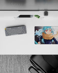Calm yet intense 14x10 inches anime mouse pad in cool aqua, bright crimson, electric blue, shadowy streaks.
