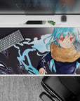 Calm yet intense 40x20 inches anime desk pad in aqua, crimson, tan, with electric blue and dark swirls.