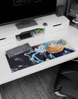 32x12 inches anime mouse pad featuring a scarfed anime girl in dark uniform, confident pose, blue swirls.