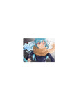 Classic anime mouse pad 14x10 inches with aqua-haired girl, crimson eyes, tan scarf, ink-splash backdrop.