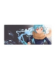 28x12 inches anime mouse pad with aqua-haired girl, crimson eyes, tan scarf, dark uniform, ink-splash backdrop.