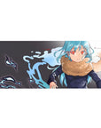 Anime desk pad 36x16 inches with aqua-haired girl, crimson eyes, tan scarf, and ink-splash backdrop.