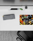 14x10 inches anime mouse pad in ember-red explosions, cracked steel tones, and gritty textures for a heroic mood.