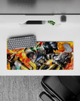 28x12 inches anime mouse pad in ember red and orange explosion tones with gritty, battle-worn textures.