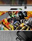 40x20 inches anime desk pad in gritty orange ember explosions, dark steel tones, and glowing green accents.