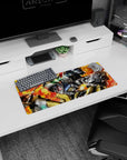 28x12 inches Gundam Barbatos mouse pad from Iron-Blooded Orphans, neon eyes against a fiery backdrop.
