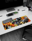 32x12 inches desk mat featuring Gundam Barbatos from Iron-Blooded Orphans amid orange explosions and smoke.