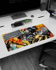 32x16 inches Gundam Barbatos mouse pad from Iron-Blooded Orphans, neon green eyes against fiery blasts.