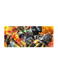 28x12 inches anime mouse pad with Gundam-style mech, cracked steel armor, gold trim, neon green eyes.