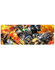 32x12 inches anime mouse pad with Gundam Barbatos, cracked steel armor, gold trim, and explosive backdrop.