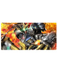 32x16 inches anime mouse pad with Gundam mecha, cracked steel armor, gold trim, neon green eyes.