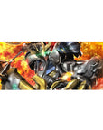Gundam Barbatos anime desk pad 36x16 inches with cracked steel armor, gold trim, and battle backdrop.