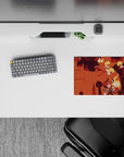 Burnt orange and brick red anime mouse pad 14x10 inches with cozy battle mood and bold silhouettes.