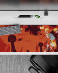 36x16 inches anime desk pad in burnt orange and deep brick reds, cozy battle vibe with clean lines.