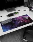Star-sprinkled space scene desk pad 36x16 inches showing soft galaxy clouds and sharp twinkling points.
