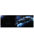 Space starship desk mouse pad 32x12 inches with starlight speckles and glowing blue trail.