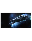 Space starship desk mouse pad 32x16 inches with starlight speckles and icy blue trail design.