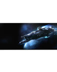 Space starship desk pad 36x16 inches with smoky blue glow, starlight speckles, and sleek sci-fi design.