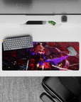 32x12 inches anime mouse pad in crimson fog and dark shadows with violet streaks and falling petals/ash.