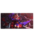 Anime girl mouse pad 32x16 inches with pink-haired warrior, crimson fog backdrop, and violet cloth accents.