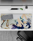 32x16 inches anime desk mat in crisp whites and creamy tones, calm romantic vibe with deep blue accents.