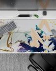 Soft blue hair anime desk pad 40x20 inches in dreamy pastel tones, calm romantic summer mood.
