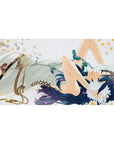 Anime girl desk pad 40x20 inches with daisies, pale sky backdrop, and gold confetti dots.