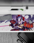 Lavender sky anime desk pad 36x16 inches in rich reds and gold trim, cute fierce gaming mood.