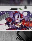 Lavender sky anime desk pad 40x20 inches in bold red and gold, fierce cute vibe with sakura petals.