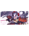 32x16 inches anime girl mouse pad with oni-samurai armor, silver hair, and drifting sakura petals.