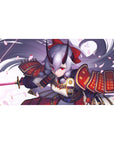 Anime girl desk pad 40x20 inches with oni samurai armor, silver hair, and drifting sakura petals.