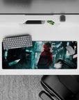 Cyberpunk anime mouse pad 32x12 inches in teal glow and red accents, moody rainy night vibe.
