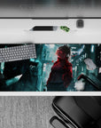 Teal neon glow and red glitch accents on an anime girl desk pad 36x16 inches, rainy night mood.