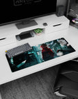 Anime girl in bold jacket on rainy neon alley mouse pad 32x12 inches, cinematic cyber scene.