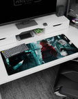Sharp-stare anime girl in bold jacket on rainy neon alley desk pad 36x16 inches with wet pavement.