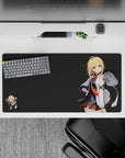 Moody charcoal anime desk mat mouse pad 32x16 inches with blonde pop, white jacket, orange tie.