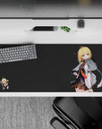 Moody charcoal anime desk pad 36x16 inches with blonde pop, crisp white jacket, and orange tie.