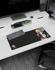 28x12 inches desk mouse pad featuring blonde anime girl in uniform with orange tie and tiny chibi buddy.