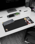 Blonde anime girl in white jacket and dark uniform with chibi buddy on anime mouse pad 32x12 inches.