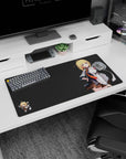 Anime girl mouse pad 32x16 inches showing blonde in white jacket and orange tie, chibi buddy on left.