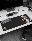 Blonde anime girl in dark uniform and orange tie with tiny chibi buddy on desk pad 36x16 inches.