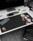 Blonde anime girl in white jacket with tiny chibi buddy on a 40x20 inches desk pad, clean negative space.