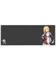 Anime girl mouse pad 32x12 inches with blonde character, white jacket, orange tie, and chibi sidekick.