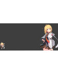 Anime girl desk pad 36x16 inches with blonde character, white jacket, orange tie, and chibi friend.